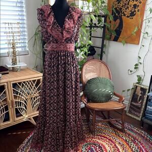 MNG Mango Earth Tone Floral Ruffle Neck Gothic Romance Boho Maxi Dress